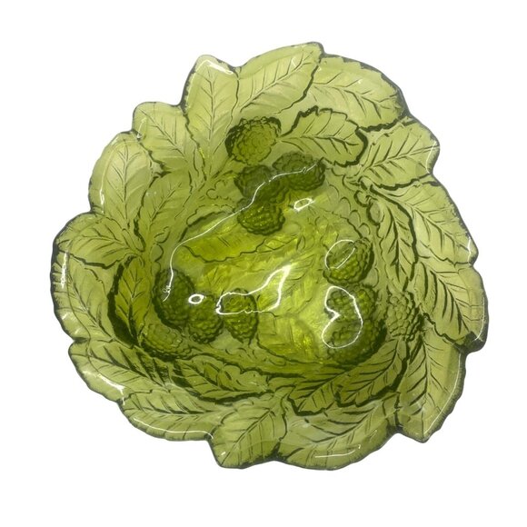 Green Depression Glass Berry Bowl With Leaf & Fruit Design - Picture 2 of 6